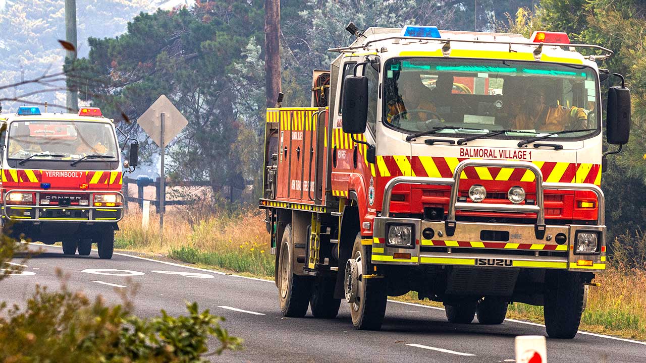 Rural Fire Service trucks in Buxton, NSW, December 2019. Source: Shutterstock